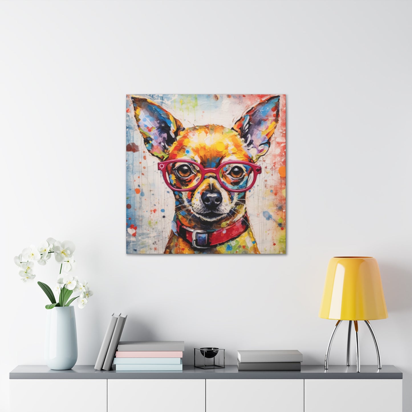 Painting Of A Chihuahua In Red Collar And Glasses With Multi Color Paint Spots - Large Wall Art
