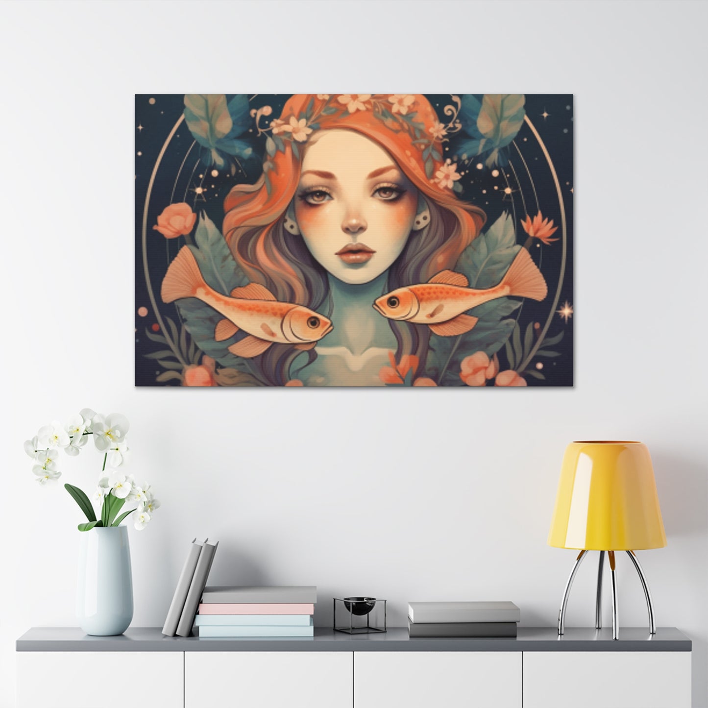 Peaceful, Lofi,  Pisces Fish Girl With Boho Flowers - Large Wall Art