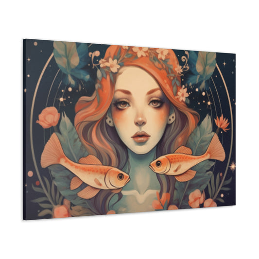 Peaceful, Lofi,  Pisces Fish Girl With Boho Flowers - Large Wall Art