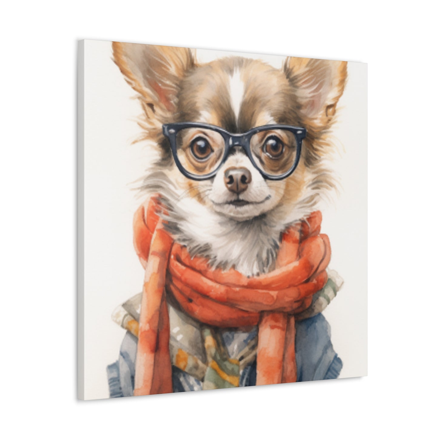 Fluffy Stylish Chihuahua With Glasses, Scarf And Denim - Large Wall Art