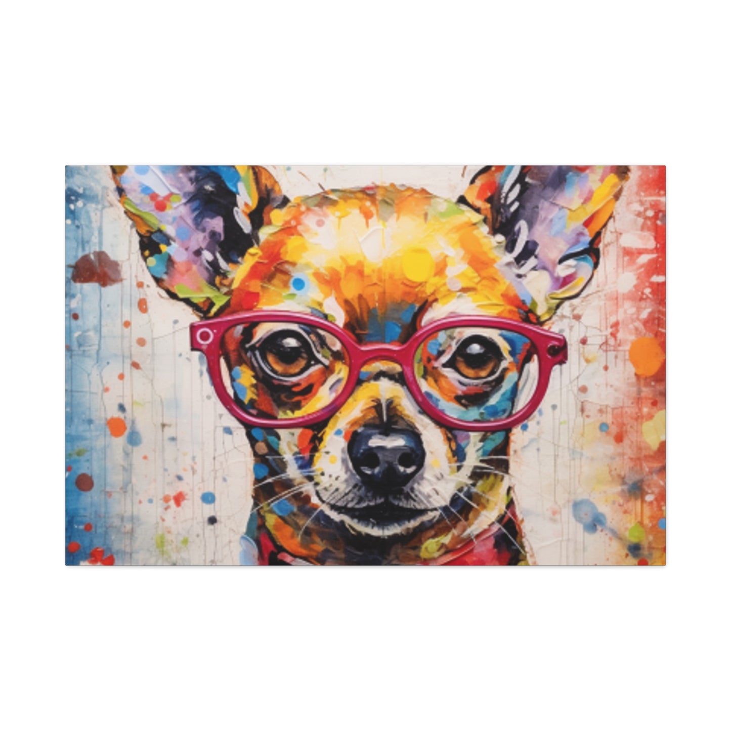 Painting Of A Chihuahua In Red Collar And Glasses With Multi Color Paint Spots - Large Wall Art