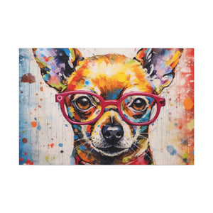 Painting Of A Chihuahua In Red Collar And Glasses With Multi Color Paint Spots - Large Wall Art