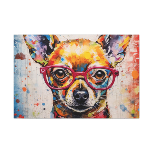 Painting Of A Chihuahua In Red Collar And Glasses With Multi Color Paint Spots - Large Wall Art