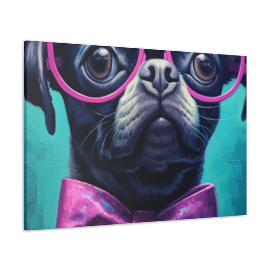 Huge Purple Glasses And Bow Tie On A Black Dog- Large Wall Art