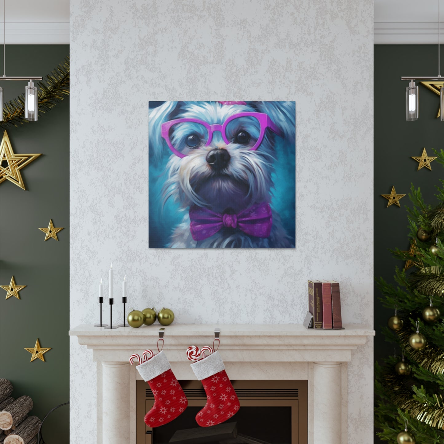 Cute Doggy In Pink Glasses, Bow Tie And Scrunchie - Large Wall Art