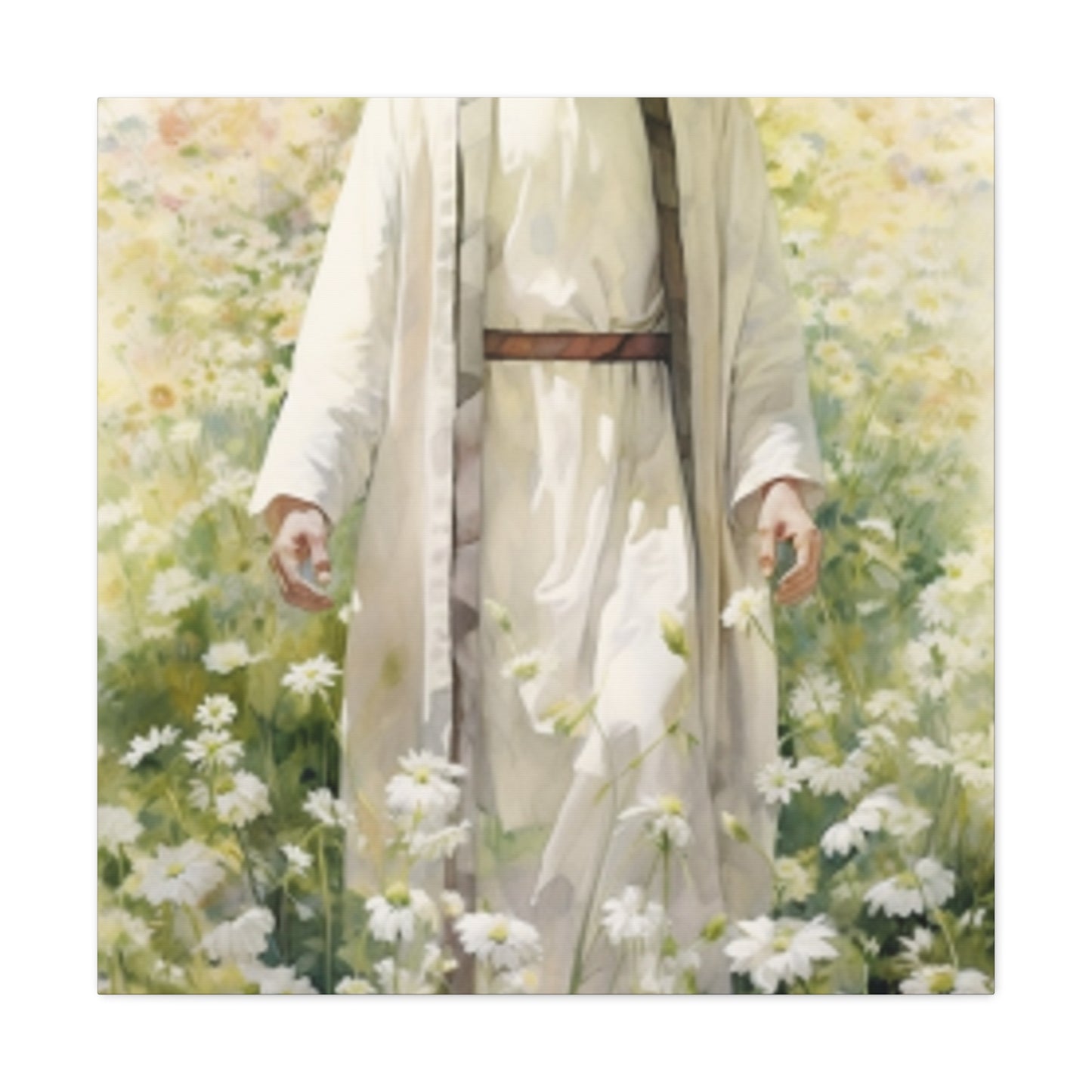 Heavenly Light Shining On Jesus Standing In A Field Of White Flowers - Large Wall Art