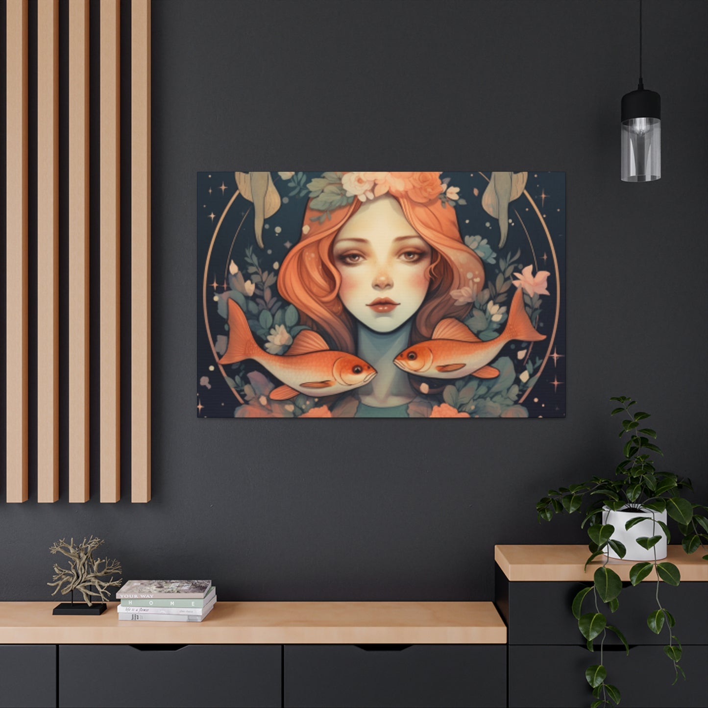 Lofi, Peaceful Pisces Fish Girl With Flowers - Large Wall Art