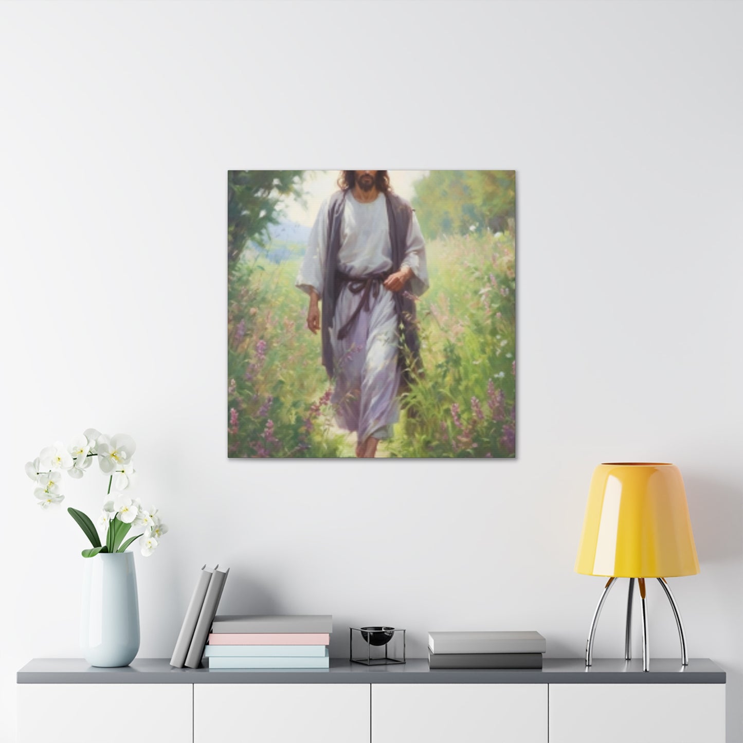 Jesus Taking A Heavenly Walk Through Wildflowers - Large Wall Art