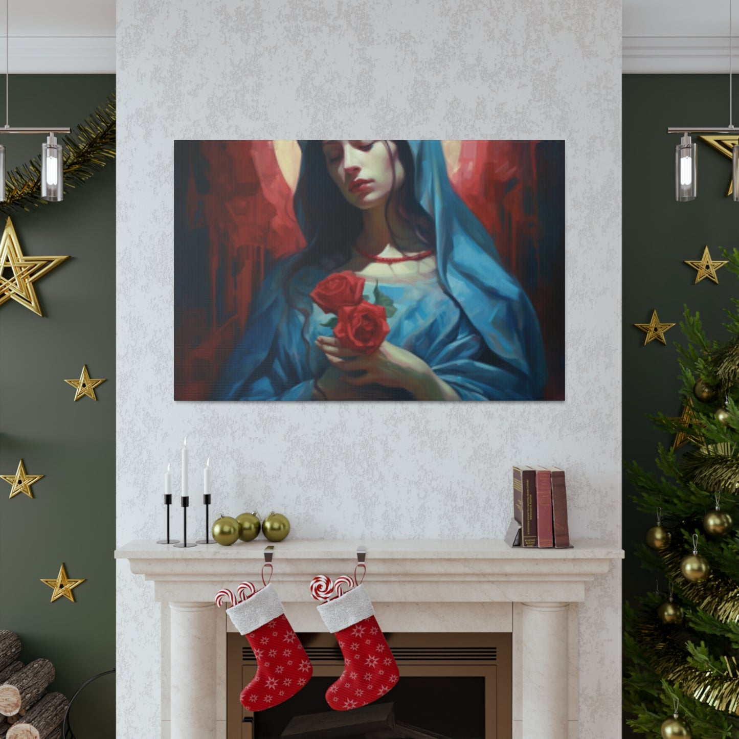 The Virgin Mary With Roses And Golden Glow- Large Wall Art