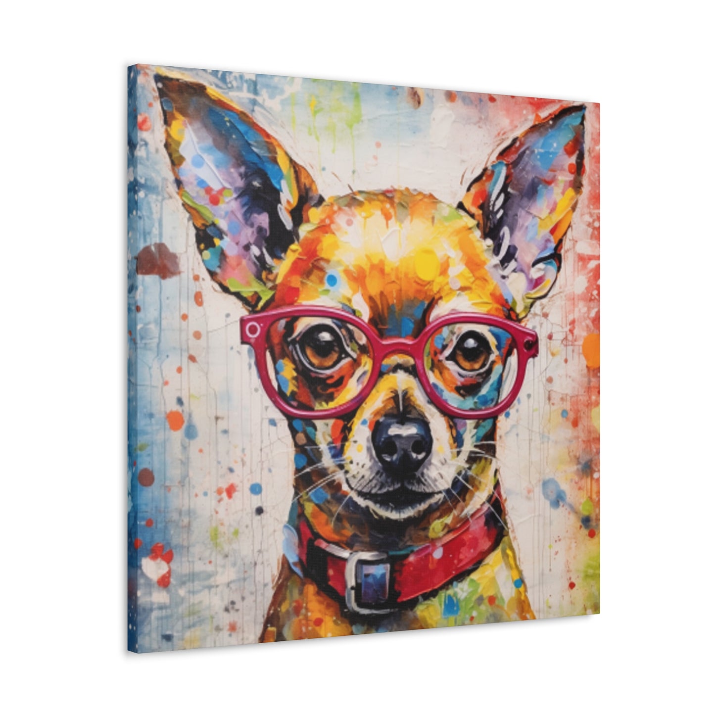 Painting Of A Chihuahua In Red Collar And Glasses With Multi Color Paint Spots - Large Wall Art