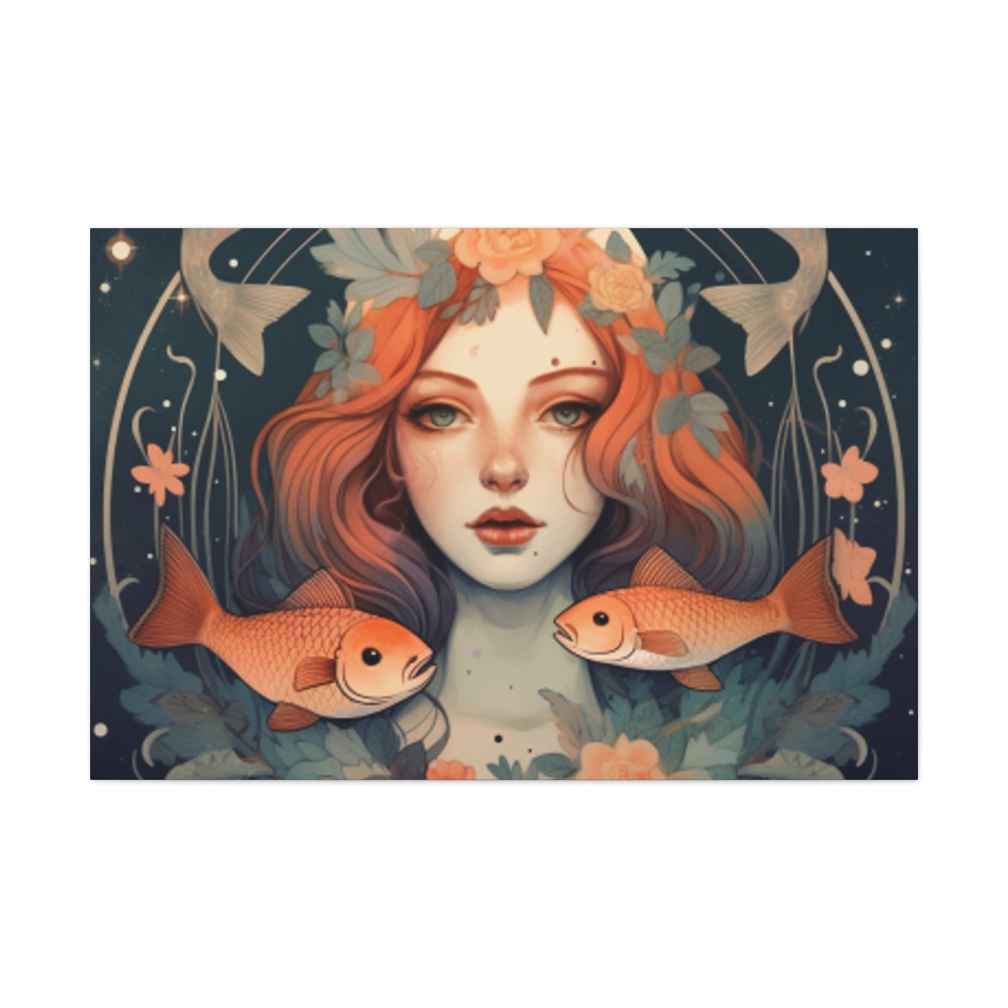 Astrology, Lofi, Peaceful Pisces Girl And Fish - Large Wall Art